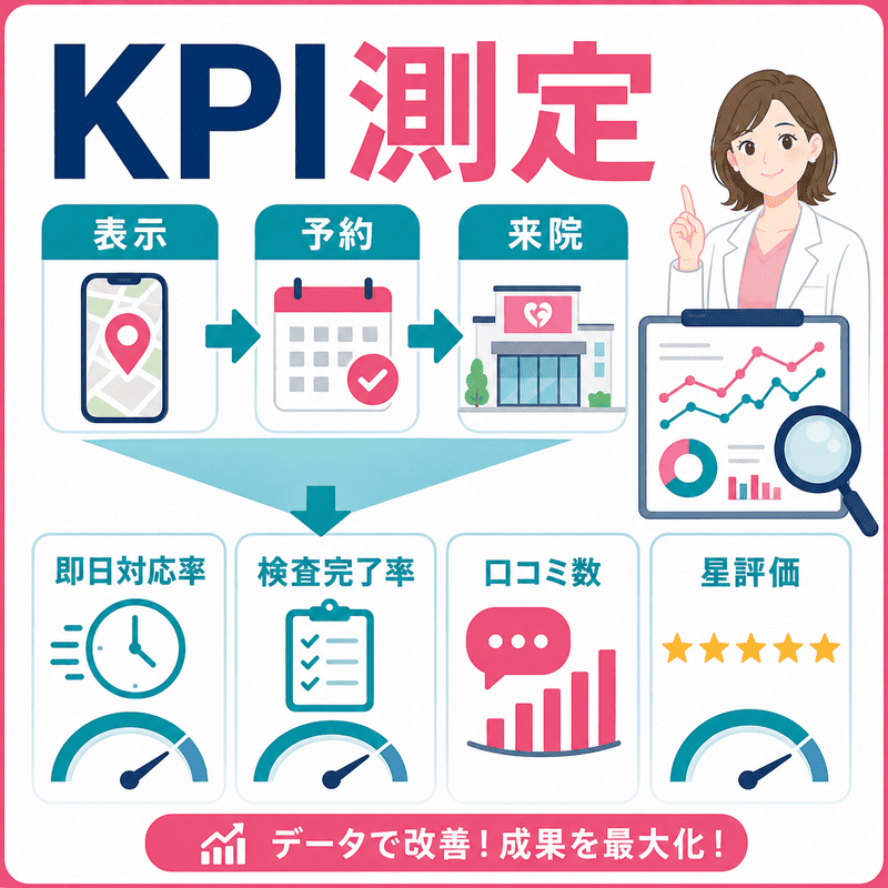 表示・予約・来院の流れと、即日対応率・検査完了率・口コミ数・星評価を測定するKPIダッシュボードの図