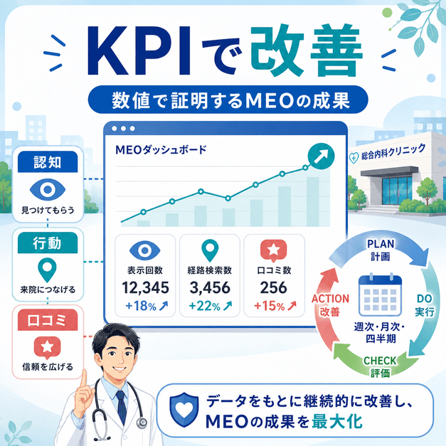 認知、行動、口コミのKPIを追いながらPDCAで総合内科のMEO成果を改善する流れを示した図