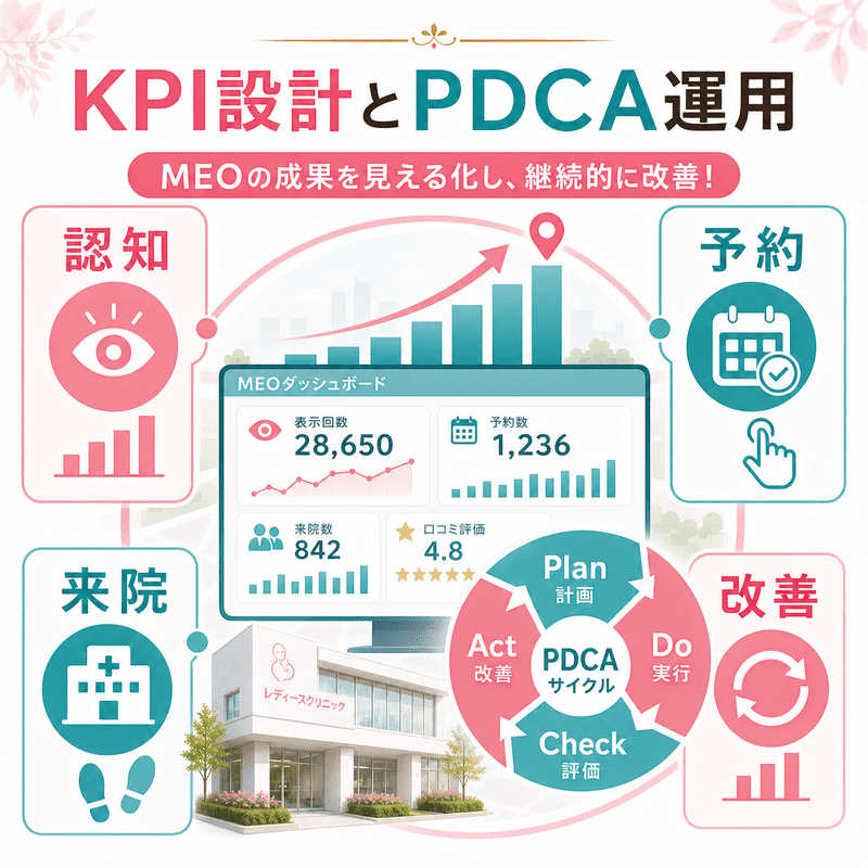 産婦人科MEOの表示回数、予約、来院、改善をKPIとPDCAで管理するダッシュボードの図