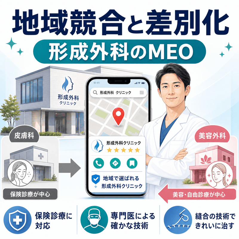 形成外科クリニックが地域競合や美容外科・皮膚科と差別化してMEO対策を行うイメージ