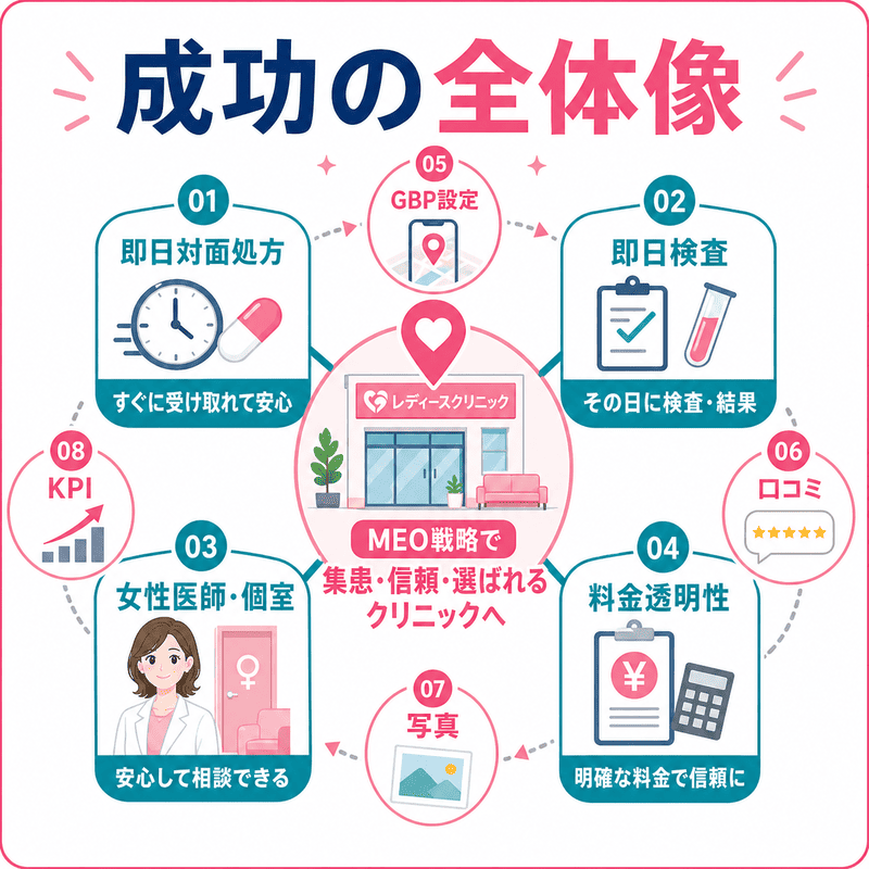 即日対面処方、即日検査、女性医師・個室、料金透明性を軸にしたレディースクリニックMEO対策の全体像