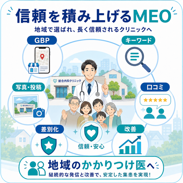 GBP整備、キーワード戦略、口コミ、写真投稿、差別化、改善を積み上げて地域のかかりつけ医を目指す総まとめ図