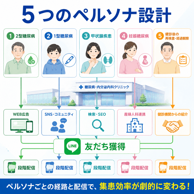 2型糖尿病、1型糖尿病、甲状腺疾患、妊娠糖尿病、健診後フォローの5つのペルソナ別に友だち獲得経路と段階配信を設計する流れを示したイラスト
