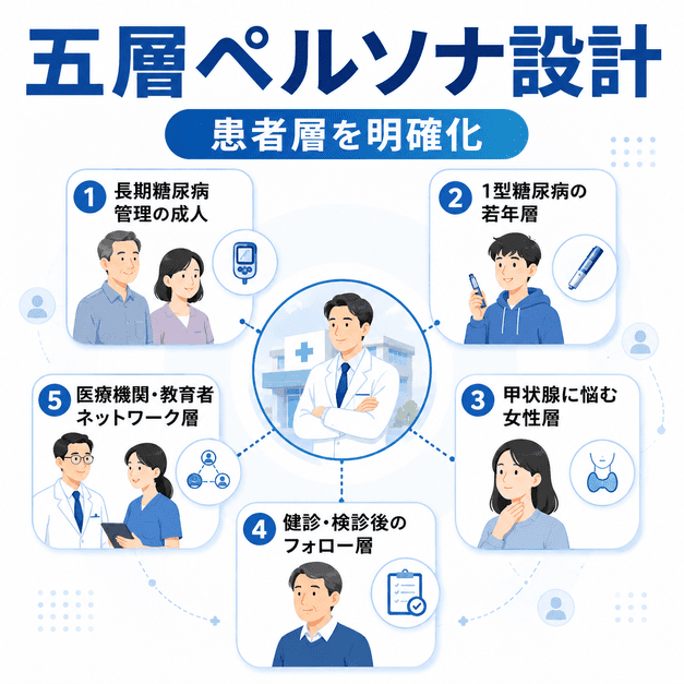 糖尿病継続管理層、若年1型糖尿病層、甲状腺疾患女性層など五層の患者ペルソナを整理したイラスト
