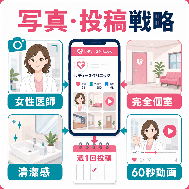 女性医師、完全個室、清潔感、60秒動画、週1回投稿を活用したレディースクリニックの写真・投稿戦略の図