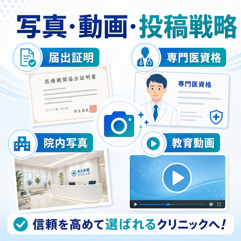 届出証明、専門医資格、院内写真、教育動画を活用して信頼性を高める写真・動画・投稿戦略のイラスト