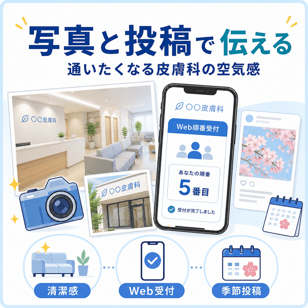 清潔感のある写真、Web順番受付の案内、季節投稿で通いたくなる皮膚科の雰囲気を伝える画像