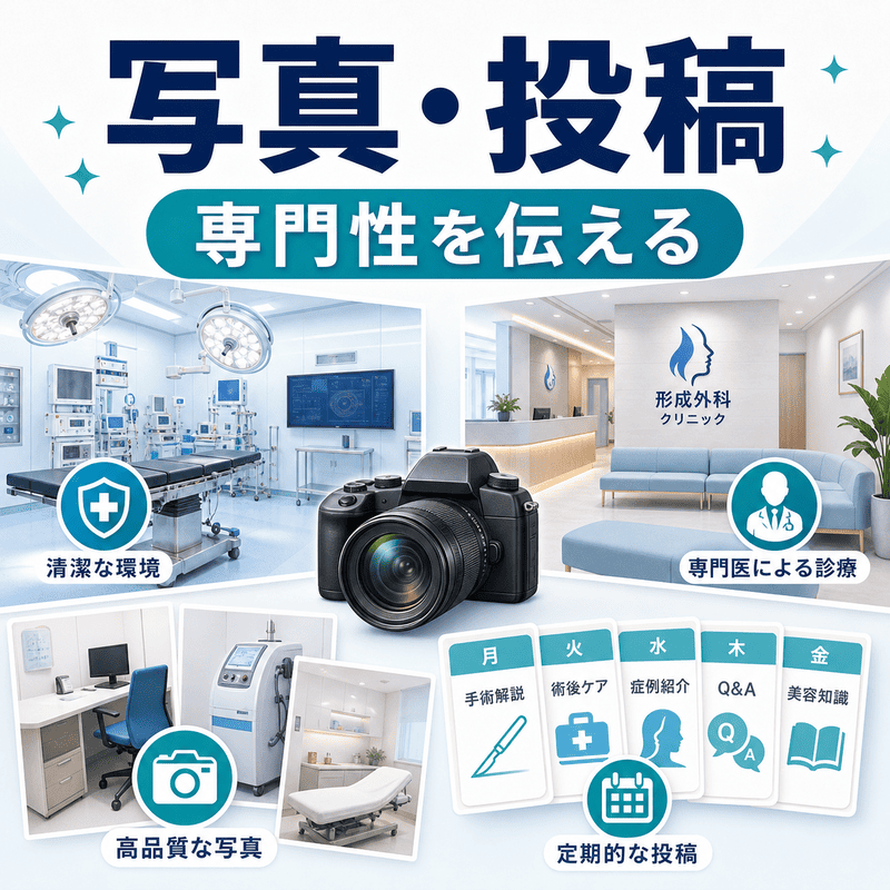 形成外科クリニックの手術室や院内写真、投稿機能で専門性を伝えるイメージ