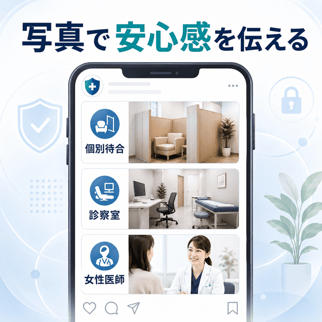 個別待合、診察室、女性医師の写真で、恥ずかしくないクリニックであることを視覚的に伝える図解