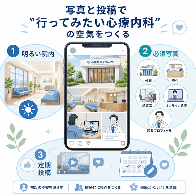 明るい院内写真、必須写真、定期投稿によって行ってみたい心療内科の雰囲気を伝える方法を示した図