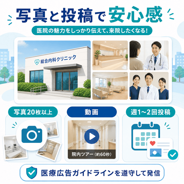 クリニックの写真、院内動画、週1〜2回の投稿で患者に安心感を伝えるGBP運用を示した図