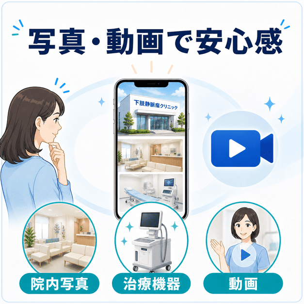 院内写真、治療機器の写真、動画によって下肢静脈瘤クリニックの安心感を伝える戦略を示す図解