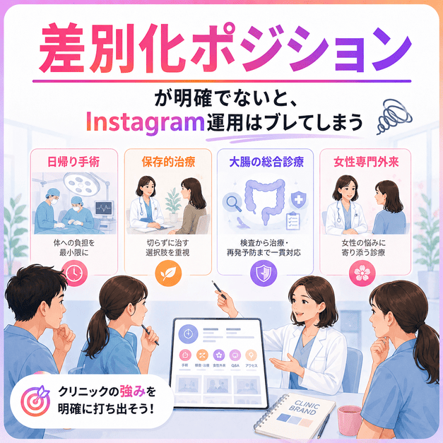 日帰り手術、保存的治療、大腸肛門病対応、女性専門外来の4つの差別化ポジションを整理するクリニック戦略会議のイラスト