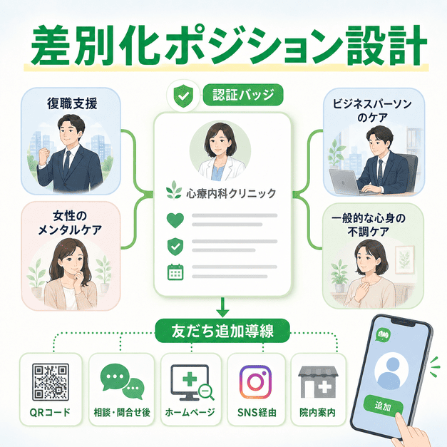 心療内科クリニックの差別化ポジションを決め、LINE運用の設計図を整理する様子を示したイラスト