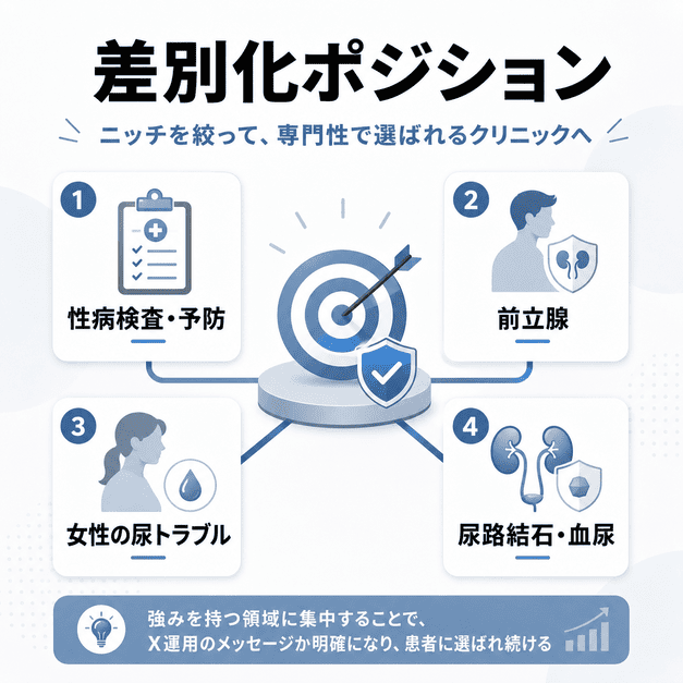 性病検査・前立腺・女性の尿トラブル・尿路結石など、泌尿器科クリニックの差別化ポジションを整理したイラスト