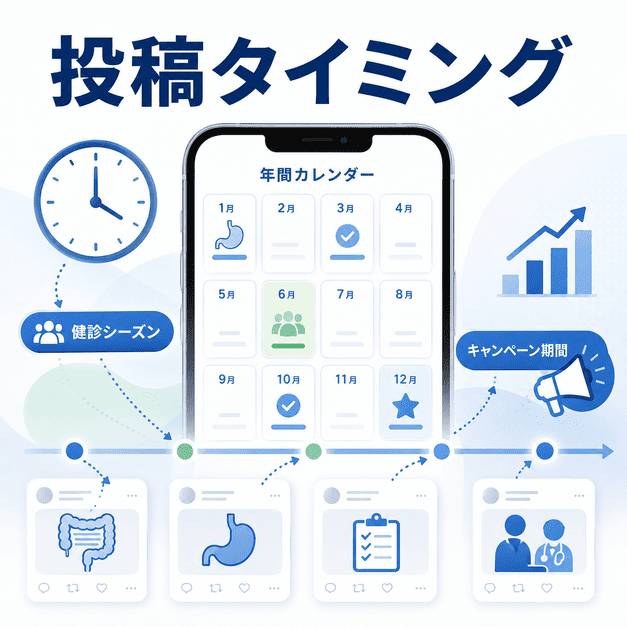 健診シーズンや啓発月間に合わせてX投稿のタイミングを計画する年間カレンダーのイラスト