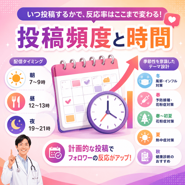 カレンダーと時計を使って投稿頻度、配信時間、季節テーマを計画するInstagram運用の様子を表したイラスト
