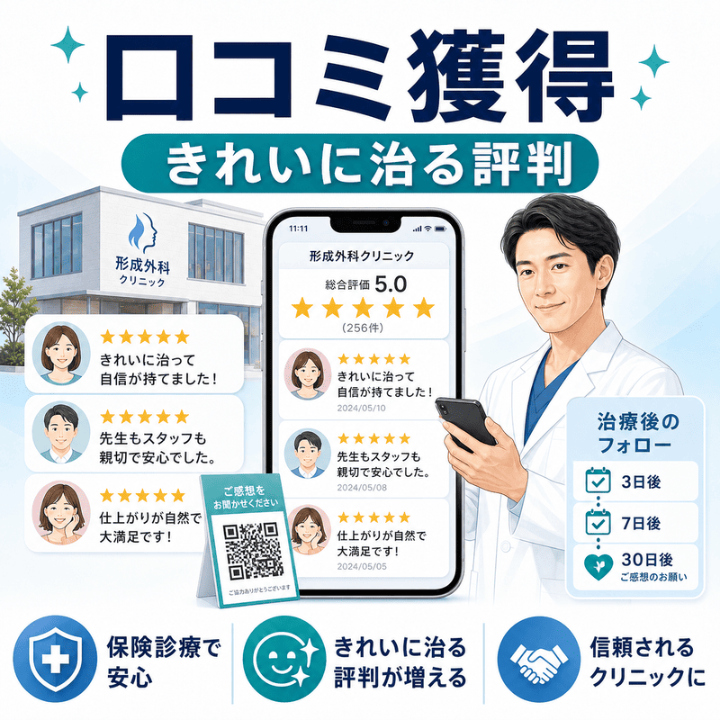 形成外科クリニックで治療後フォローを通じて口コミを獲得し評判を高めるイメージ