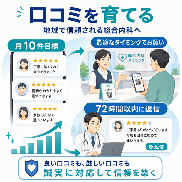 総合内科クリニックの口コミを月10件を目標に集め、72時間以内の返信で信頼を高める流れを示した図