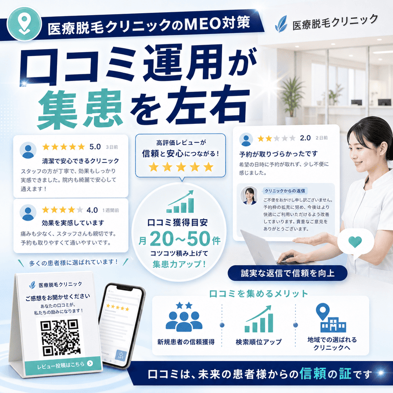 口コミカード、星評価、QRコード、クリニックからの返信を使い、口コミ運用が集患に与える影響を表したイラスト
