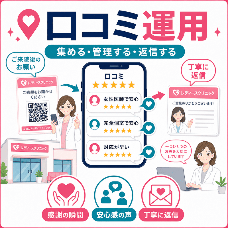 レディースクリニックの口コミ運用として、来院後の依頼・安心感の声・丁寧な返信を示した図