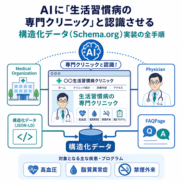MedicalOrganizationやPhysicianなどの構造化データによって、AIに生活習慣病の専門クリニックと認識させる仕組みを示す図