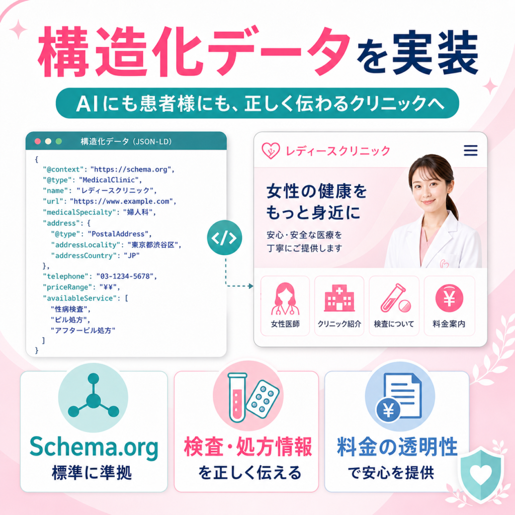 Schema.orgの構造化データで検査・処方情報や料金の透明性をAIに伝える仕組みを示した図
