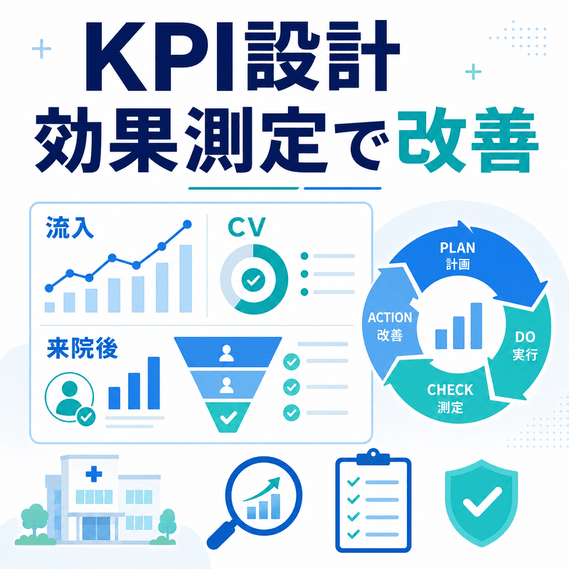 健診クリニックSEOの流入、CV、来院後のKPIとPDCA改善を示した分析ダッシュボード図