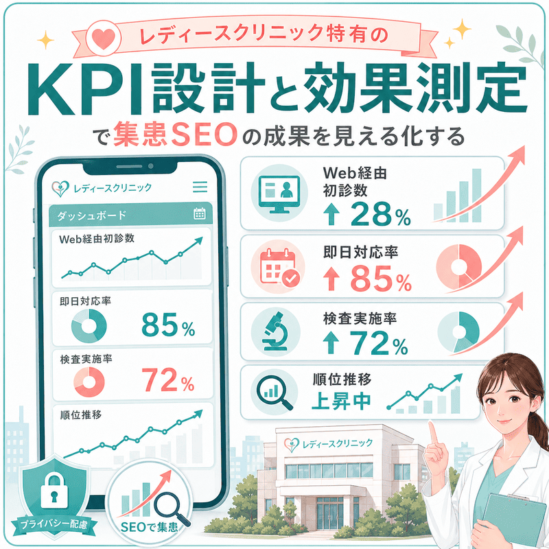 Web経由初診数、即日対応率、検査実施率、順位推移など、レディースクリニックSEOのKPIをダッシュボードで示した図