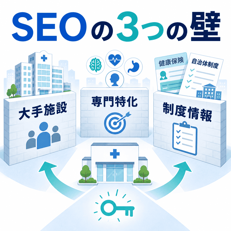 健診・人間ドッククリニックが直面する大手施設、専門特化、制度情報の3つのSEO課題を示した図