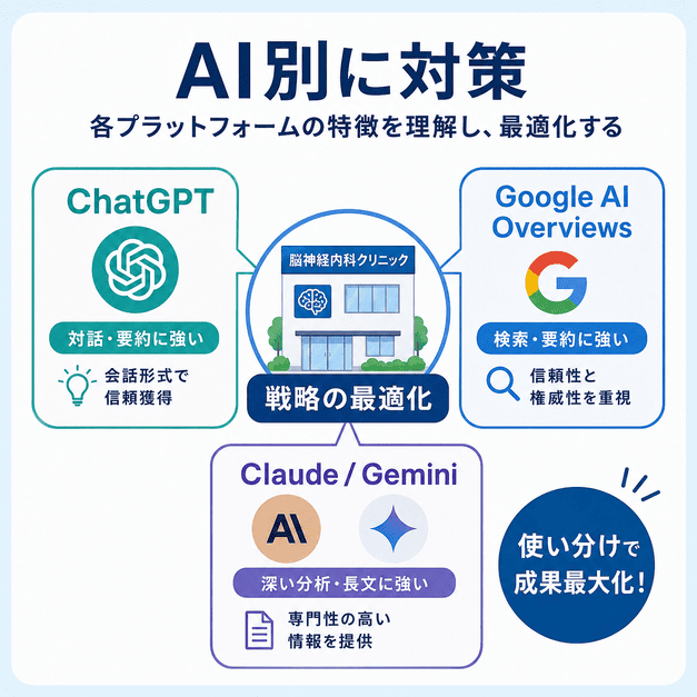 ChatGPTやGoogle AI Overviewsなど、AIプラットフォームごとの特徴に合わせて脳神経内科の情報発信を最適化する図