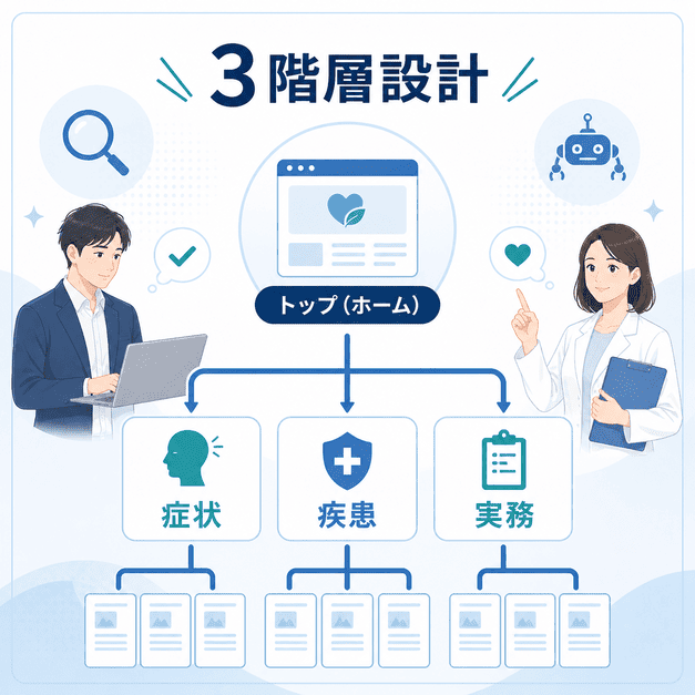 心療内科サイトを症状・疾患・実務情報の3軸で整理するサイト構造とコンテンツ階層を示したイラスト