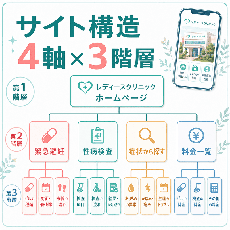 対面特化レディースクリニックのホームページ構造を、緊急避妊・性病検査・症状から探す・料金一覧の4軸と3階層で示した図
