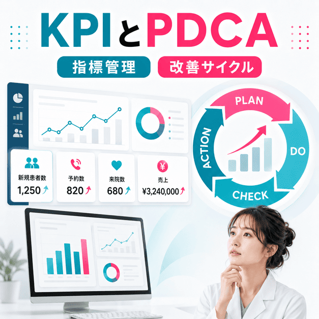 糖尿病・内分泌内科のTikTok運用におけるKPI管理とPDCAサイクルを示したダッシュボード風イラスト