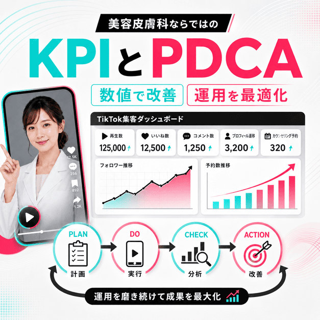 美容皮膚科のTikTok集患でKPIを確認し、PDCAサイクルで運用改善する流れを示したイラスト