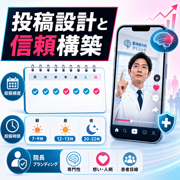 投稿頻度や投稿時間、院長ブランディングで信頼を積み上げる脳神経外科TikTok運用のイメージ