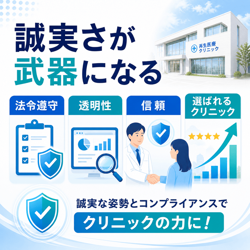法令遵守、透明性、信頼、選ばれるクリニックという4つの要素を通じて、誠実さとコンプライアンスが再生医療クリニックの強みになることを示したイラスト