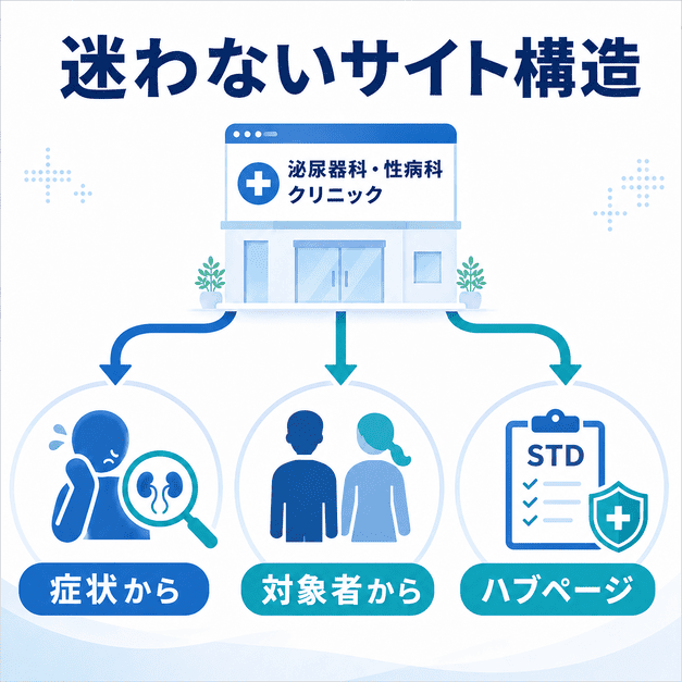 症状から探す、対象者から探す、ハブページを用いて患者を迷わせないサイト構造を示した画像