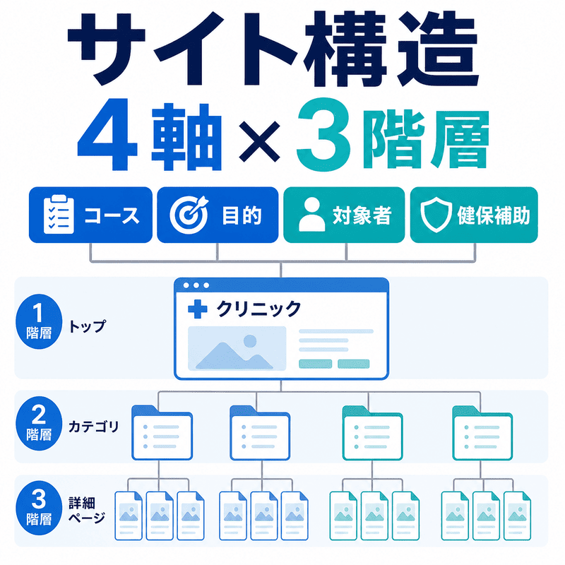 健診クリニックサイトの4軸と3階層の構造を、サイトマップ形式で示した図