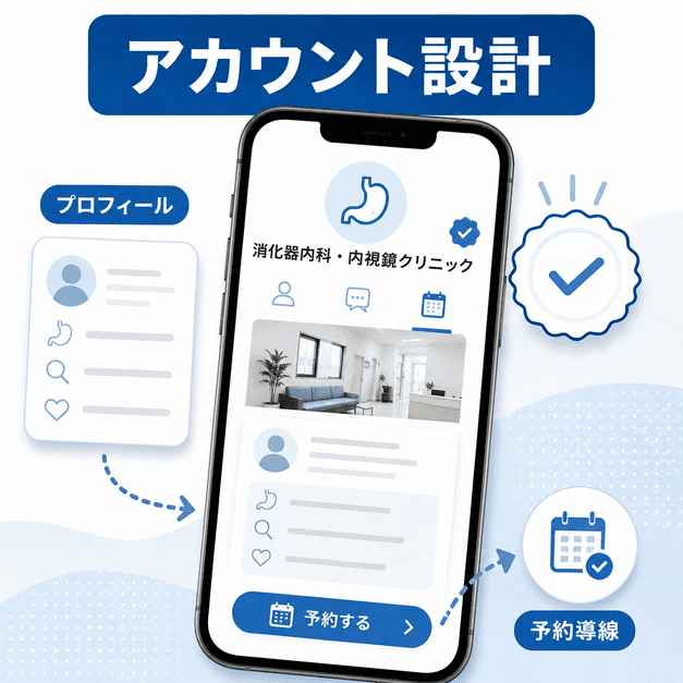 消化器内科・内視鏡クリニックのXアカウント設計でプロフィールや予約導線を整える様子を示したイラスト