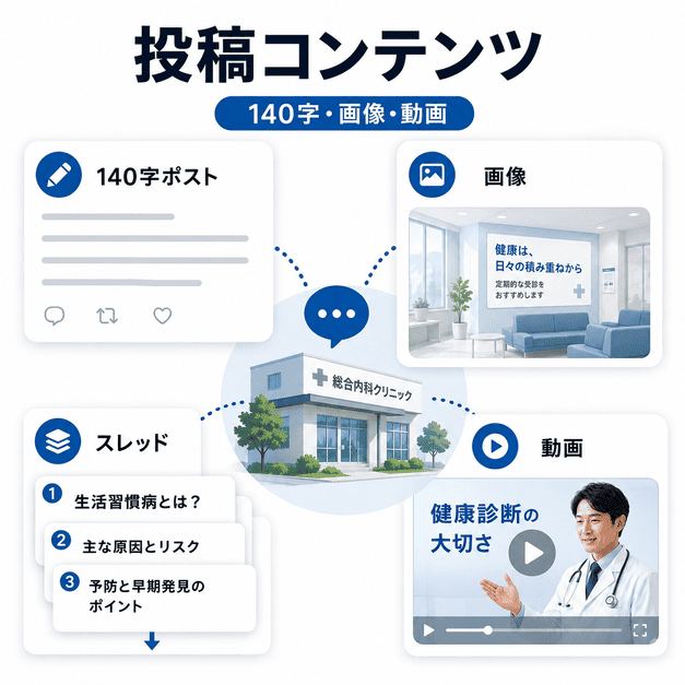 140字ポスト、画像、スレッド、動画を組み合わせた総合内科クリニックの投稿コンテンツ設計を示したイラスト