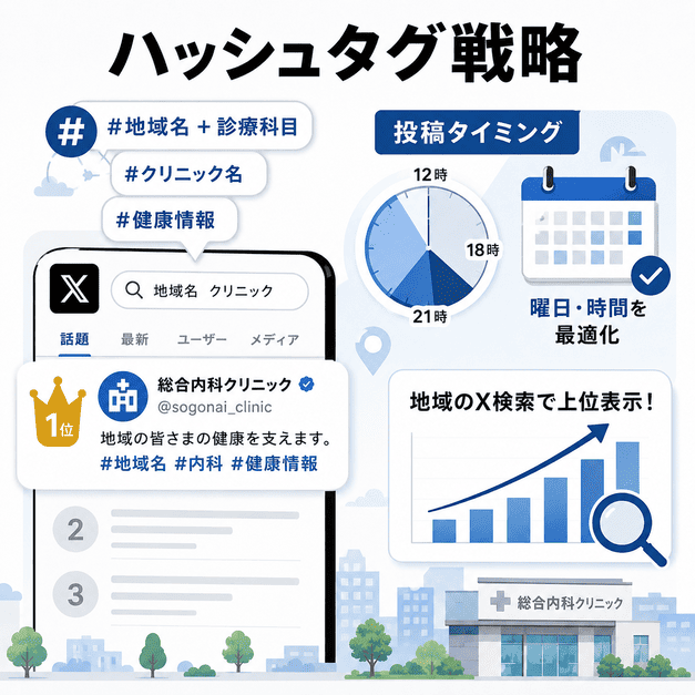 地域名や診療科目のハッシュタグと投稿タイミングを最適化し、X検索での上位表示を狙う戦略を表したイラスト