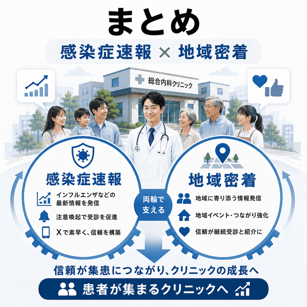 感染症速報と地域密着運用の両輪で信頼を高め、患者が集まる総合内科クリニックへ成長する流れを表したまとめイラスト