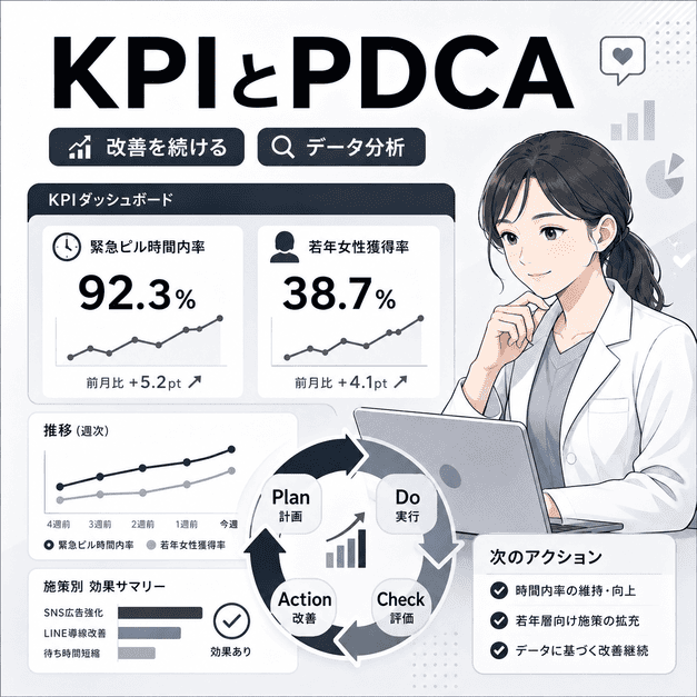 緊急ピル時間内率や若年女性獲得率をKPIとして追い、PDCAで改善する運用をダッシュボードで表したイラスト