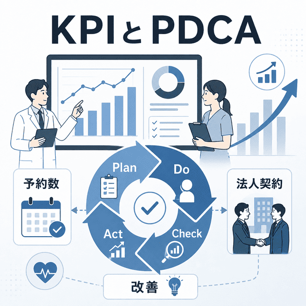 健診クリニックのX運用で予約数や法人契約をKPI化しPDCAで改善する図解