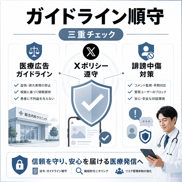 医療広告ガイドライン、Xポリシー、誹謗中傷対策を三重チェックで守る医療発信のコンプライアンス体制を示したイラスト