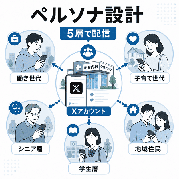 総合内科クリニックのX運用で5層のペルソナに分けて情報配信する仕組みを表したイラスト