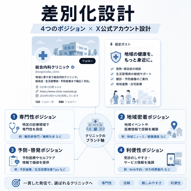 総合内科クリニックのX公式アカウント設計と4つの差別化ポジションを整理したイラスト