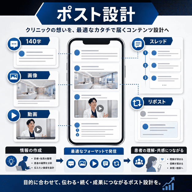 140字テキスト、画像、動画、スレッドを使い分けて形成外科の情報を発信するポスト設計の図解
