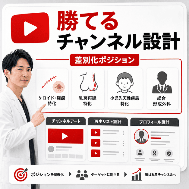形成外科YouTubeチャンネルの差別化ポジションとチャンネル設計を整理した図